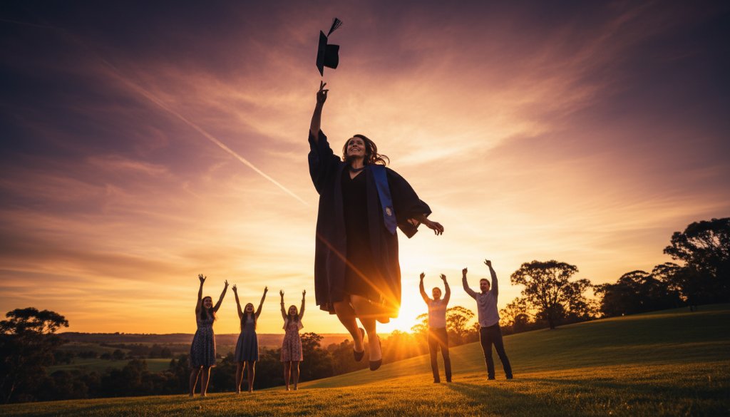 A joyful high school graduate in Wallan, Victoria, tossing their cap against a vibrant sunset, celebrating their Wallan Victoria school leavers photography moment with friends, dramatic lighting capturing their triumphant expressions.