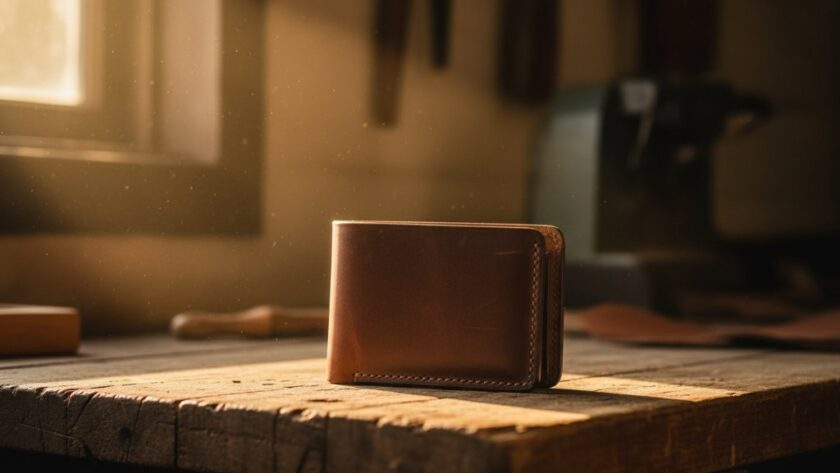 A professional, cinematic photograph capturing a close-up of a dark brown artisanal leather wallet on a timber surface, dramatically lit by golden hour sun, reflecting the quality of Wangaratta artisan product photography.
