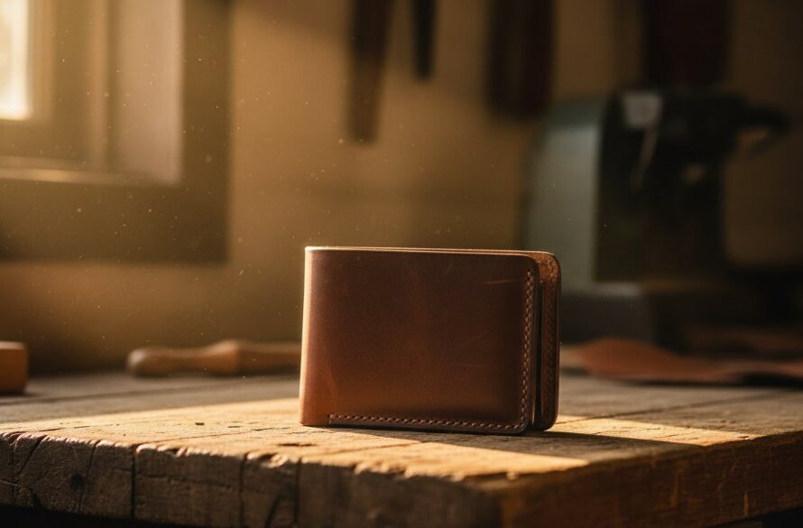 A professional, cinematic photograph capturing a close-up of a dark brown artisanal leather wallet on a timber surface, dramatically lit by golden hour sun, reflecting the quality of Wangaratta artisan product photography.