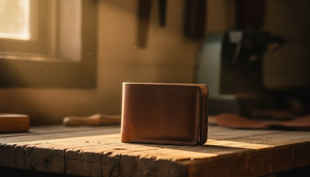 A professional, cinematic photograph capturing a close-up of a dark brown artisanal leather wallet on a timber surface, dramatically lit by golden hour sun, reflecting the quality of Wangaratta artisan product photography.