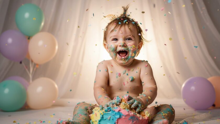 An adorable toddler, covered in colourful frosting, laughing heartily amidst a vibrant cake smash setup in Wangaratta, capturing the pure Wangaratta cake smash photography first birthday joy with dramatic backlighting and confetti.