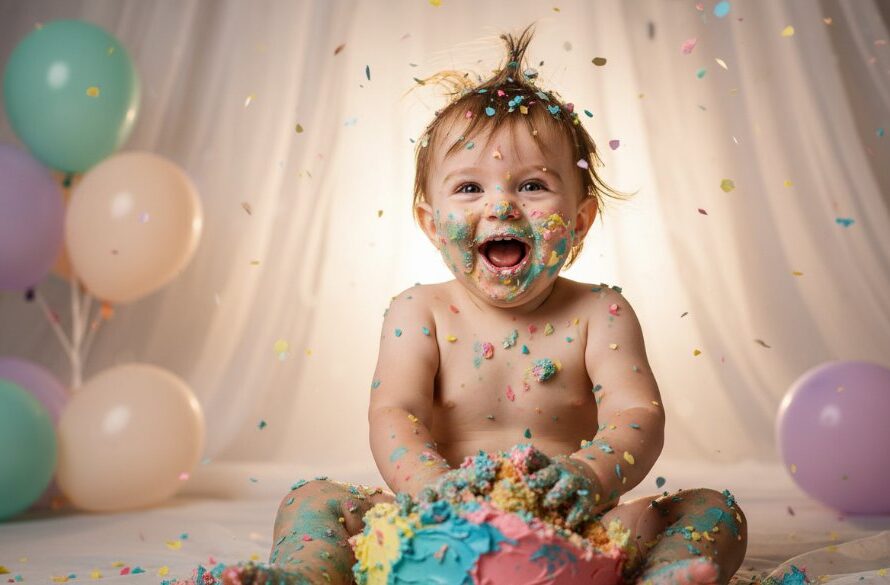 An adorable toddler, covered in colourful frosting, laughing heartily amidst a vibrant cake smash setup in Wangaratta, capturing the pure Wangaratta cake smash photography first birthday joy with dramatic backlighting and confetti.