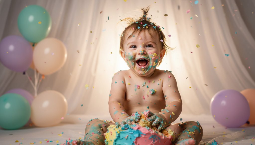 An adorable toddler, covered in colourful frosting, laughing heartily amidst a vibrant cake smash setup in Wangaratta, capturing the pure Wangaratta cake smash photography first birthday joy with dramatic backlighting and confetti.