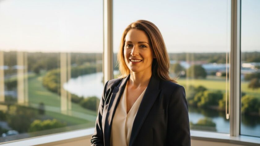 A powerful and confident CEO, mid-stride, smiling genuinely within a modern, light-filled office space overlooking the Ovens River in Wangaratta, Victoria. This epic moment of leadership and approachability is captured with professional lighting and vibrant colour grading, perfect for Wangaratta Corporate Headshots for Professional Branding Victoria.