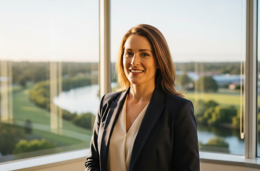 A powerful and confident CEO, mid-stride, smiling genuinely within a modern, light-filled office space overlooking the Ovens River in Wangaratta, Victoria. This epic moment of leadership and approachability is captured with professional lighting and vibrant colour grading, perfect for Wangaratta Corporate Headshots for Professional Branding Victoria.