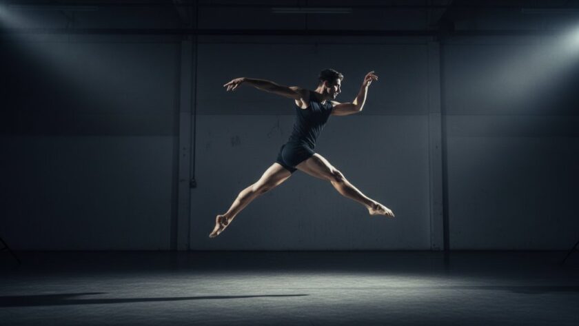 A dynamic male dancer in mid-leap, dramatically silhouetted against a spotlight with dust motes, performing a powerful contemporary move during Wangaratta Dance Photography Studio Sessions.