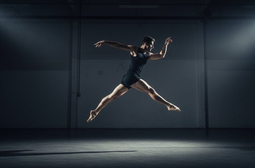 A dynamic male dancer in mid-leap, dramatically silhouetted against a spotlight with dust motes, performing a powerful contemporary move during Wangaratta Dance Photography Studio Sessions.
