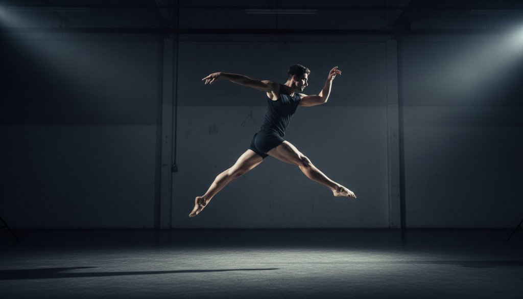 A dynamic male dancer in mid-leap, dramatically silhouetted against a spotlight with dust motes, performing a powerful contemporary move during Wangaratta Dance Photography Studio Sessions.