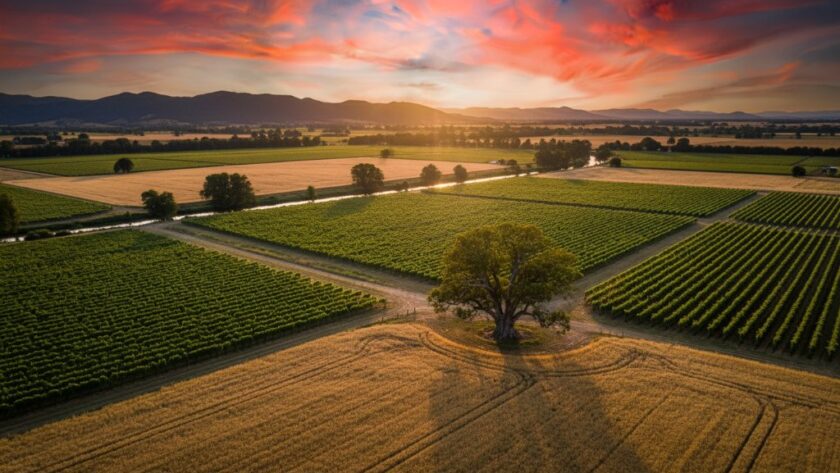 An epic aerial shot of the King River winding through lush green vineyards and golden fields near Wangaratta, Victoria, at sunset, showcasing the breathtaking rural vistas captured through Wangaratta drone photography, with dramatic warm light.