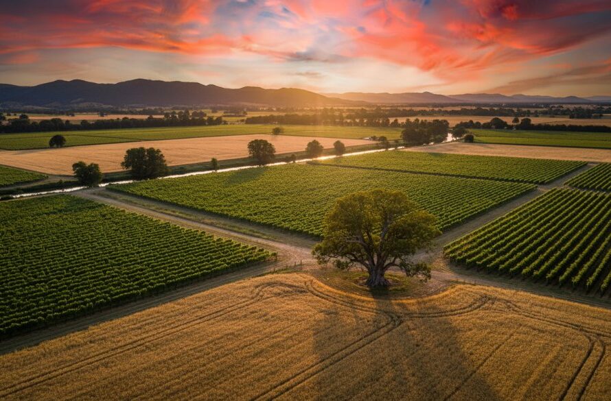 An epic aerial shot of the King River winding through lush green vineyards and golden fields near Wangaratta, Victoria, at sunset, showcasing the breathtaking rural vistas captured through Wangaratta drone photography, with dramatic warm light.