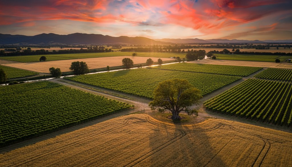 An epic aerial shot of the King River winding through lush green vineyards and golden fields near Wangaratta, Victoria, at sunset, showcasing the breathtaking rural vistas captured through Wangaratta drone photography, with dramatic warm light.