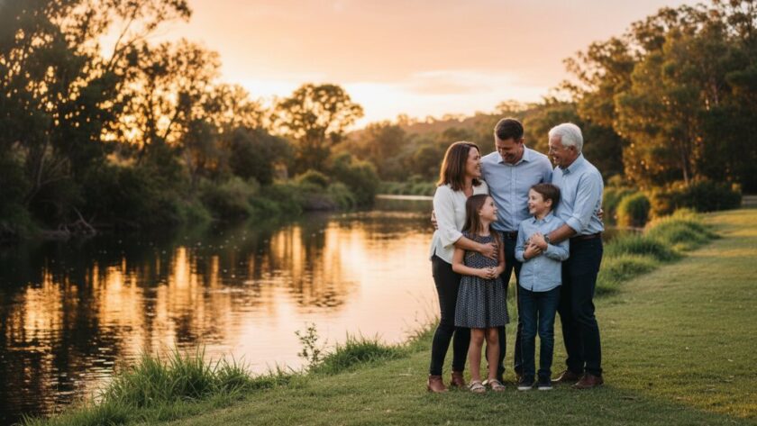 A Wangaratta family photography capturing genuine joy, showing parents embracing their children at sunset along the Ovens River in Wangaratta, warm light, golden hour, professional photography.