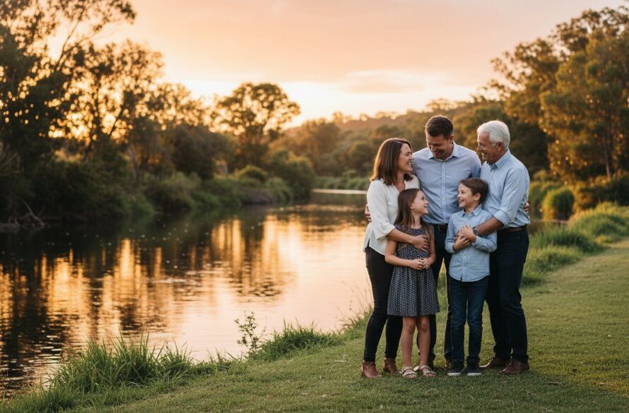 A Wangaratta family photography capturing genuine joy, showing parents embracing their children at sunset along the Ovens River in Wangaratta, warm light, golden hour, professional photography.