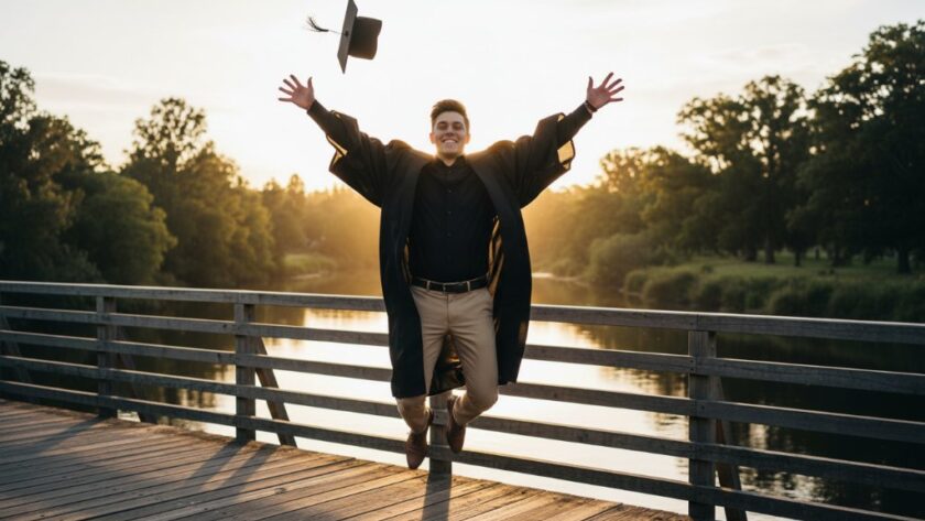 A jubilant graduate in cap and gown, framed against the iconic Ovens River in Wangaratta at sunset, holding their degree aloft with a radiant smile, showcasing their Wangaratta Graduation Photos Captured Beautifully in a cinematic, professionally lit portrait.
