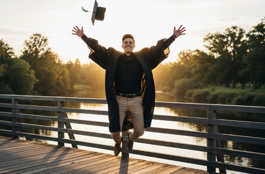 A jubilant graduate in cap and gown, framed against the iconic Ovens River in Wangaratta at sunset, holding their degree aloft with a radiant smile, showcasing their Wangaratta Graduation Photos Captured Beautifully in a cinematic, professionally lit portrait.