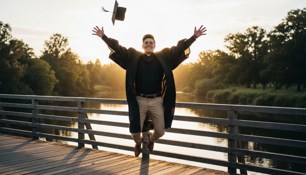 A jubilant graduate in cap and gown, framed against the iconic Ovens River in Wangaratta at sunset, holding their degree aloft with a radiant smile, showcasing their Wangaratta Graduation Photos Captured Beautifully in a cinematic, professionally lit portrait.