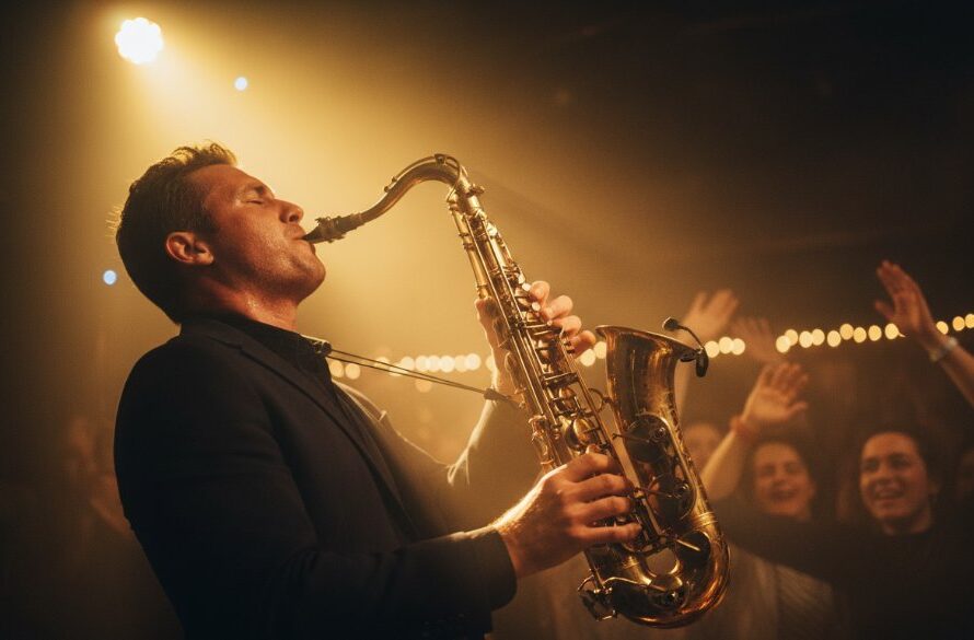 An epic moment captured during the Wangaratta Jazz Festival, showing a saxophonist passionately playing on stage under dramatic spotlights, with the enthusiastic crowd blurred in the background, conveying the electrifying atmosphere of live music photography in Wangaratta.