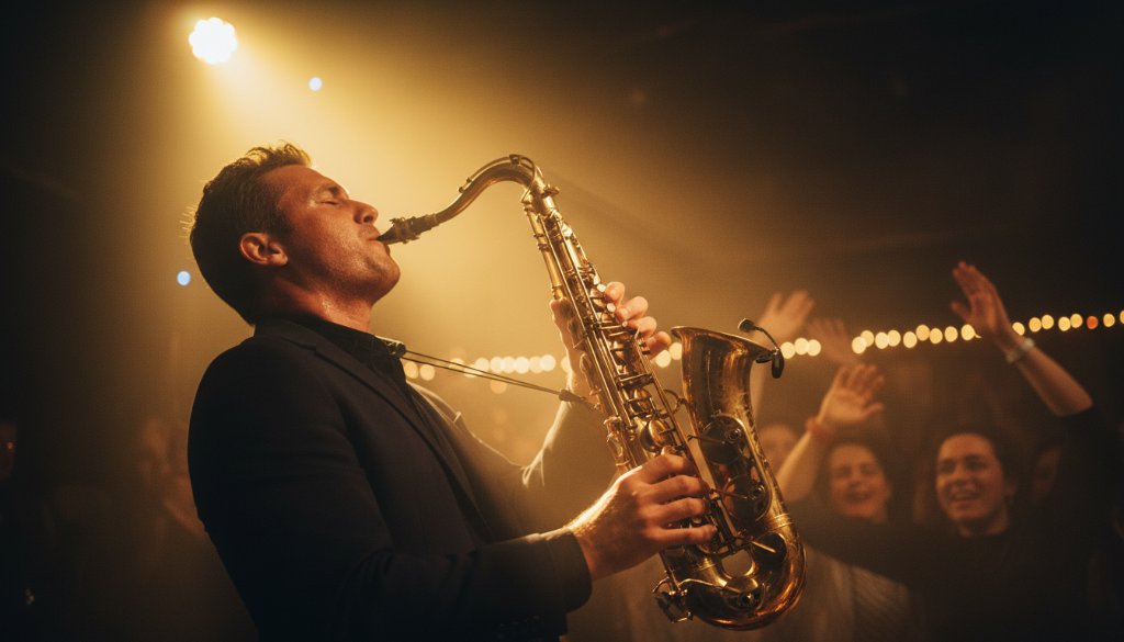 An epic moment captured during the Wangaratta Jazz Festival, showing a saxophonist passionately playing on stage under dramatic spotlights, with the enthusiastic crowd blurred in the background, conveying the electrifying atmosphere of live music photography in Wangaratta.