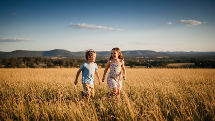 An epic moment of pure, unbridled laughter between two siblings silhouetted against a golden sunset over the Ovens River in Wangaratta, capturing the essence of Wangaratta Kids Photography: Authentic Childhood Joy.