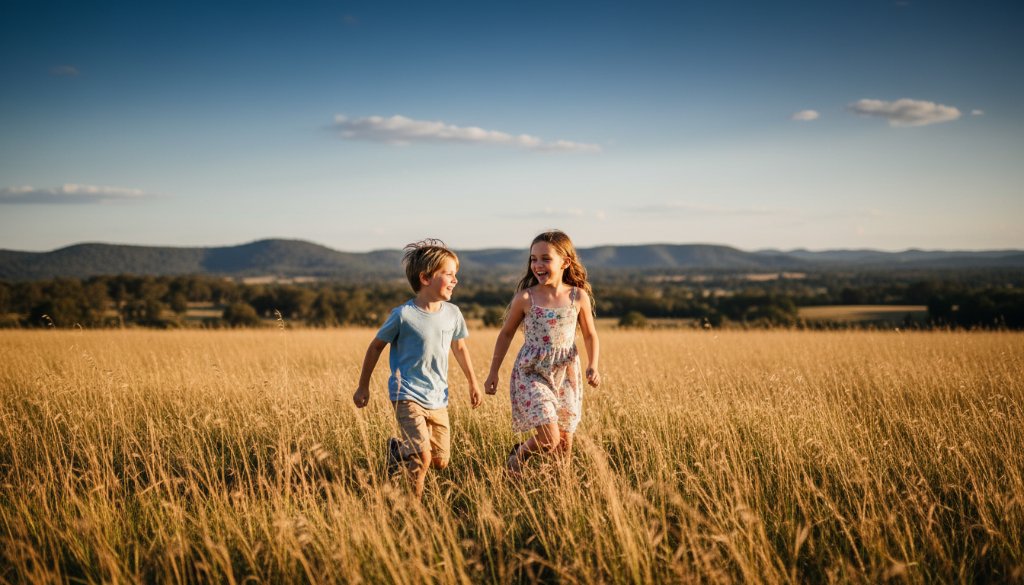 An epic moment of pure, unbridled laughter between two siblings silhouetted against a golden sunset over the Ovens River in Wangaratta, capturing the essence of Wangaratta Kids Photography: Authentic Childhood Joy.