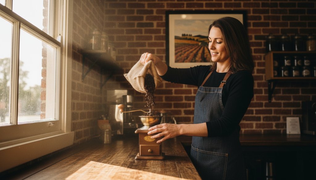An epic moment of a local artisan in Wangaratta meticulously crafting a product, bathed in golden afternoon light, showcasing their passion and expertise through professional Wangaratta local business photography capturing brand essence.