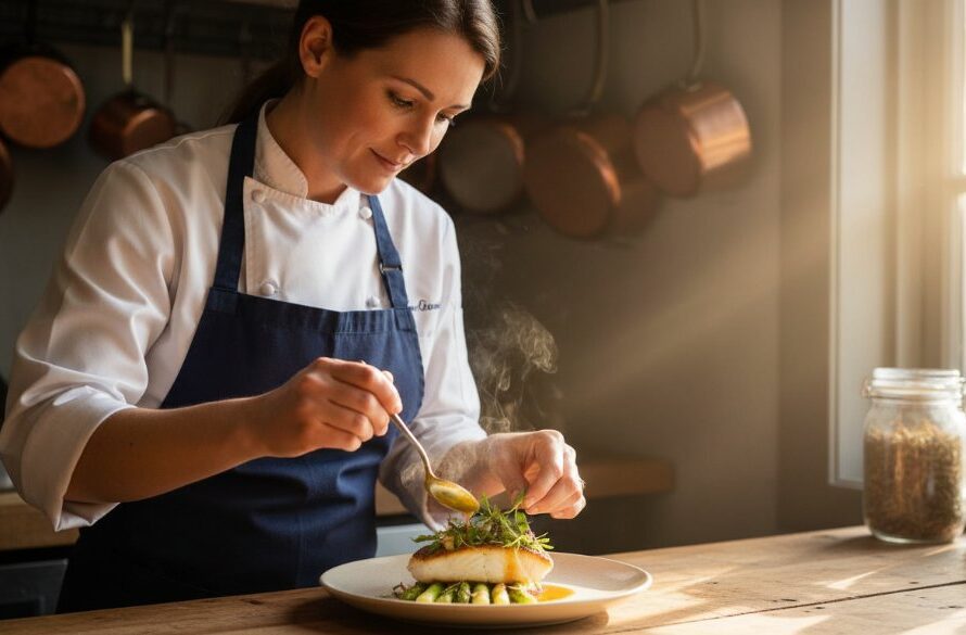 An epic moment capture of a chef meticulously garnishing a vibrant, locally-sourced Murray Cod and Ovens Valley asparagus dish in a rustic Wangaratta restaurant kitchen, with dramatic backlighting highlighting the steam and ingredients, perfectly showcasing regional flavour.