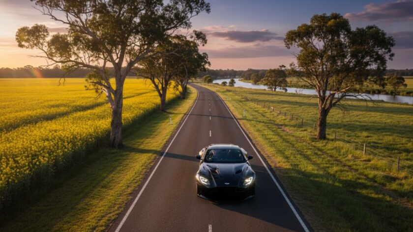 A stunning aerial view of a sleek, dark luxury sports car driving along a winding country road near Wangaratta at sunset, showcasing the vibrant rural landscapes, captured with dramatic lighting for an epic Wangaratta luxury vehicle photography rural landscapes portfolio shot.