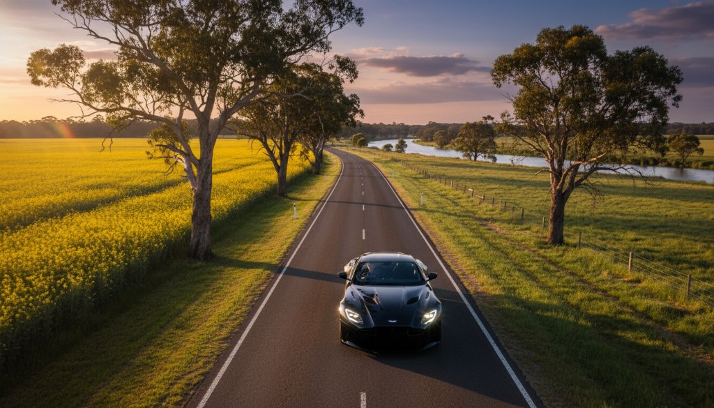 A stunning aerial view of a sleek, dark luxury sports car driving along a winding country road near Wangaratta at sunset, showcasing the vibrant rural landscapes, captured with dramatic lighting for an epic Wangaratta luxury vehicle photography rural landscapes portfolio shot.