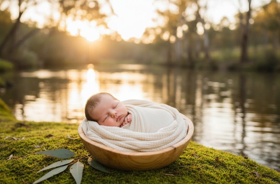 A serene wide shot of a baby swaddled in soft, organic fabric, gently cradled in a parent's hands against a blurred natural backdrop of the Ovens River in Wangaratta during golden hour, perfectly illustrating Wangaratta newborn photography capturing genuine smiles with warm, cinematic lighting and professional colour grading.
