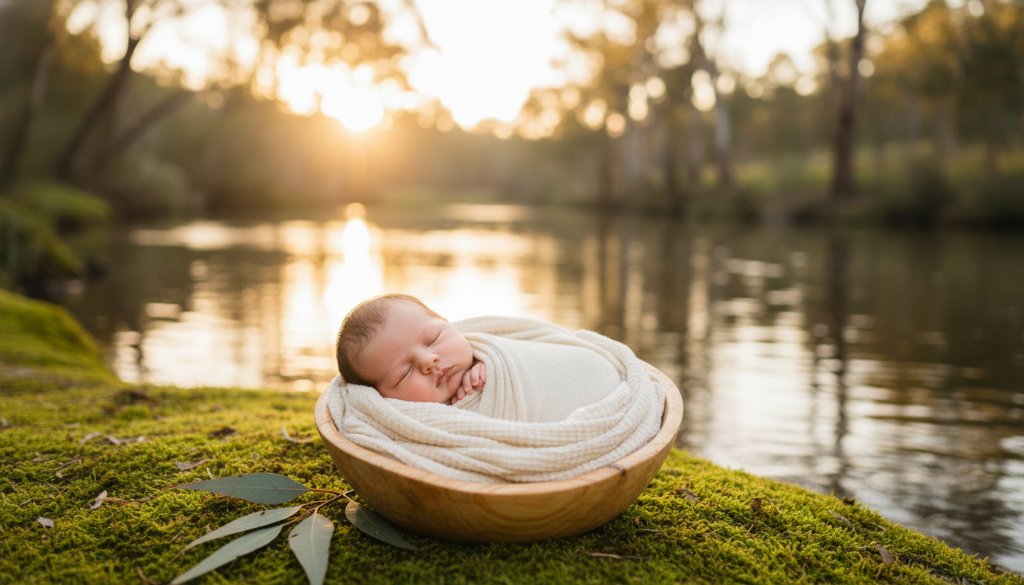 A serene wide shot of a baby swaddled in soft, organic fabric, gently cradled in a parent's hands against a blurred natural backdrop of the Ovens River in Wangaratta during golden hour, perfectly illustrating Wangaratta newborn photography capturing genuine smiles with warm, cinematic lighting and professional colour grading.