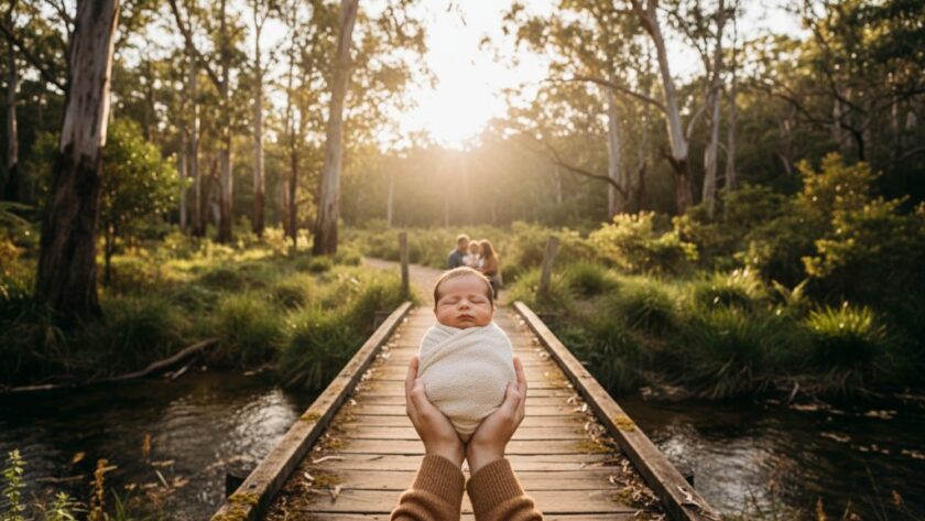 A breathtaking, wide-angle cinematic photograph capturing a serene Wangaratta newborn photography outdoor family moment. A mother gently cradles her swaddled newborn, while the father stands protectively beside them. They are bathed in the soft, golden glow of a late afternoon sun filtering through eucalyptus trees near the Ovens River, with the scenic Victorian countryside in the background. The mood is intimate, loving, and timeless, professionally color-graded with warm, earthy tones.