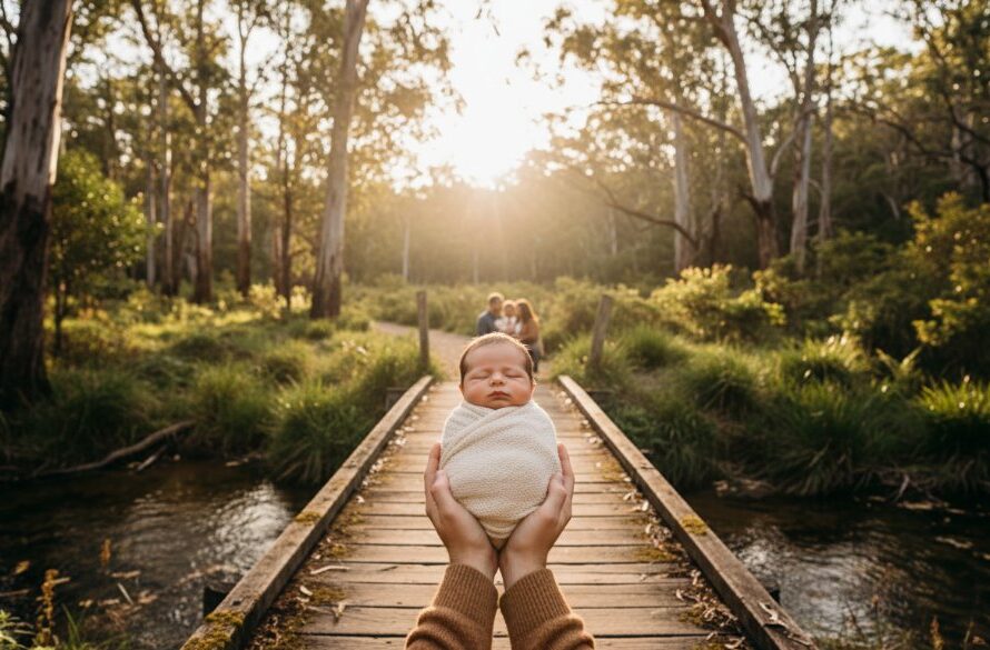 A breathtaking, wide-angle cinematic photograph capturing a serene Wangaratta newborn photography outdoor family moment. A mother gently cradles her swaddled newborn, while the father stands protectively beside them. They are bathed in the soft, golden glow of a late afternoon sun filtering through eucalyptus trees near the Ovens River, with the scenic Victorian countryside in the background. The mood is intimate, loving, and timeless, professionally color-graded with warm, earthy tones.