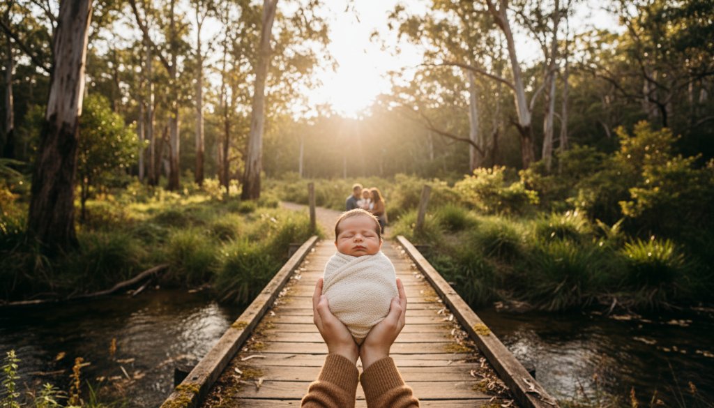 A breathtaking, wide-angle cinematic photograph capturing a serene Wangaratta newborn photography outdoor family moment. A mother gently cradles her swaddled newborn, while the father stands protectively beside them. They are bathed in the soft, golden glow of a late afternoon sun filtering through eucalyptus trees near the Ovens River, with the scenic Victorian countryside in the background. The mood is intimate, loving, and timeless, professionally color-graded with warm, earthy tones.