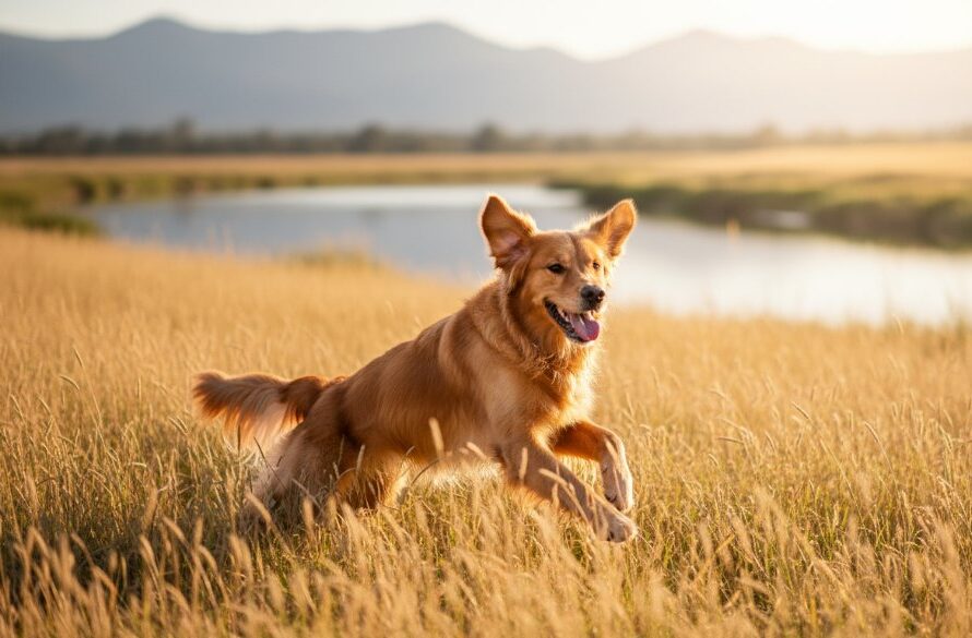 A majestic golden retriever joyfully leaping through a sun-drenched field near the Ovens River in Wangaratta, its fur glistening, perfectly captured by professional Wangaratta Pet Photography: Cherished Furry Friend Portraits with dramatic, warm lighting.