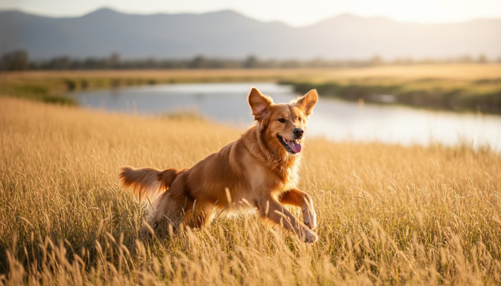 A majestic golden retriever joyfully leaping through a sun-drenched field near the Ovens River in Wangaratta, its fur glistening, perfectly captured by professional Wangaratta Pet Photography: Cherished Furry Friend Portraits with dramatic, warm lighting.