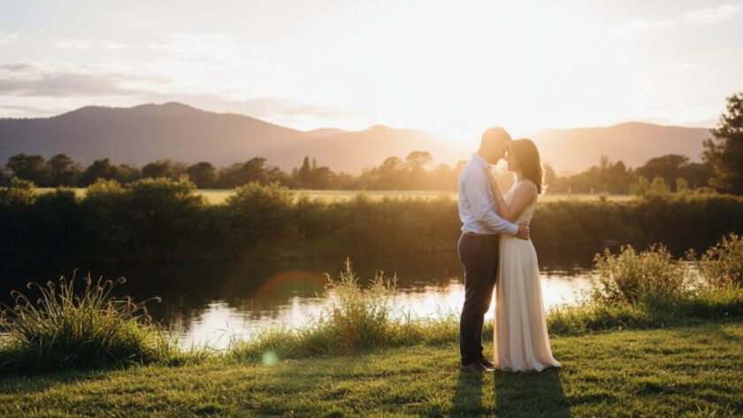 A couple embraces tenderly at sunset, framed by the majestic Victorian Alps, showcasing beautiful Wangaratta pre-wedding photography scenic Victorian Alps moments with golden light.