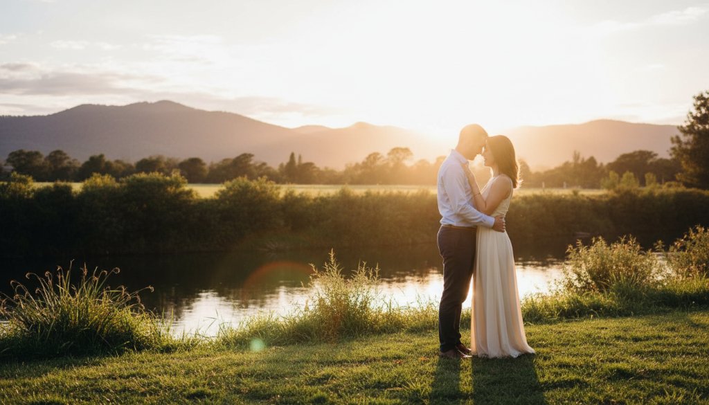 A couple embraces tenderly at sunset, framed by the majestic Victorian Alps, showcasing beautiful Wangaratta pre-wedding photography scenic Victorian Alps moments with golden light.
