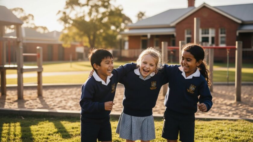 A heartwarming and dynamic WANGARATTA PRIMARY SCHOOL PHOTOGRAPHY HEARTFELT PORTRAITS moment, featuring a group of excited primary school children in their uniforms, cheering joyfully outside a classic regional Victorian school building in Wangaratta, bathed in the golden hour light, capturing genuine expressions of friendship and youthful energy.