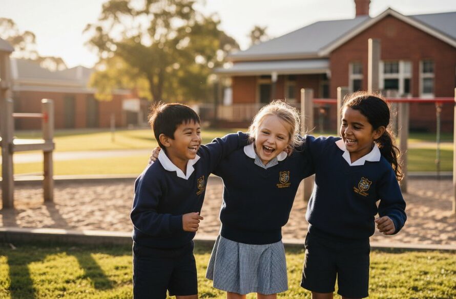 A heartwarming and dynamic WANGARATTA PRIMARY SCHOOL PHOTOGRAPHY HEARTFELT PORTRAITS moment, featuring a group of excited primary school children in their uniforms, cheering joyfully outside a classic regional Victorian school building in Wangaratta, bathed in the golden hour light, capturing genuine expressions of friendship and youthful energy.