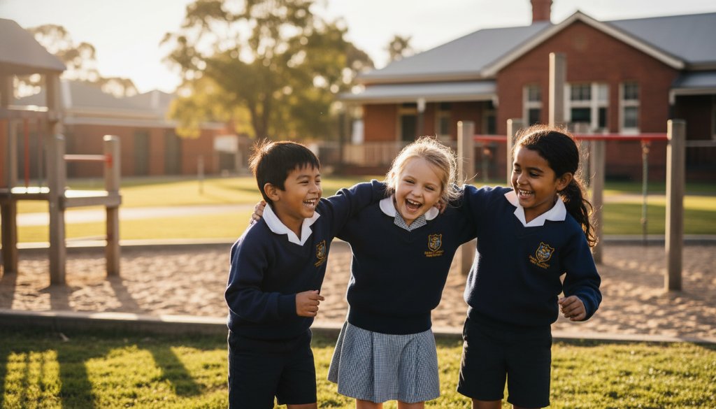 A heartwarming and dynamic WANGARATTA PRIMARY SCHOOL PHOTOGRAPHY HEARTFELT PORTRAITS moment, featuring a group of excited primary school children in their uniforms, cheering joyfully outside a classic regional Victorian school building in Wangaratta, bathed in the golden hour light, capturing genuine expressions of friendship and youthful energy.