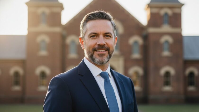 A dramatic and professionally lit close-up of a confident business professional, taken outdoors in Wangaratta, with the iconic Old Gaol or a historic building subtly blurred in the background, showcasing their approachable yet authoritative demeanour. This Wangaratta Professional Headshots Elevate Your Career image captures an epic moment of professional poise.