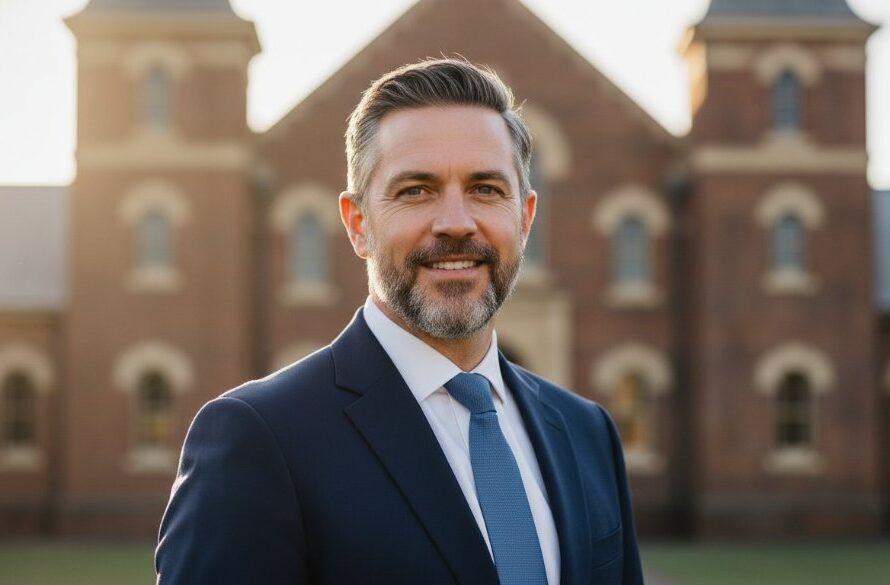 A dramatic and professionally lit close-up of a confident business professional, taken outdoors in Wangaratta, with the iconic Old Gaol or a historic building subtly blurred in the background, showcasing their approachable yet authoritative demeanour. This Wangaratta Professional Headshots Elevate Your Career image captures an epic moment of professional poise.