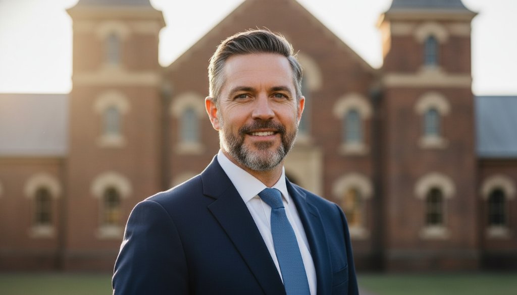 A dramatic and professionally lit close-up of a confident business professional, taken outdoors in Wangaratta, with the iconic Old Gaol or a historic building subtly blurred in the background, showcasing their approachable yet authoritative demeanour. This Wangaratta Professional Headshots Elevate Your Career image captures an epic moment of professional poise.