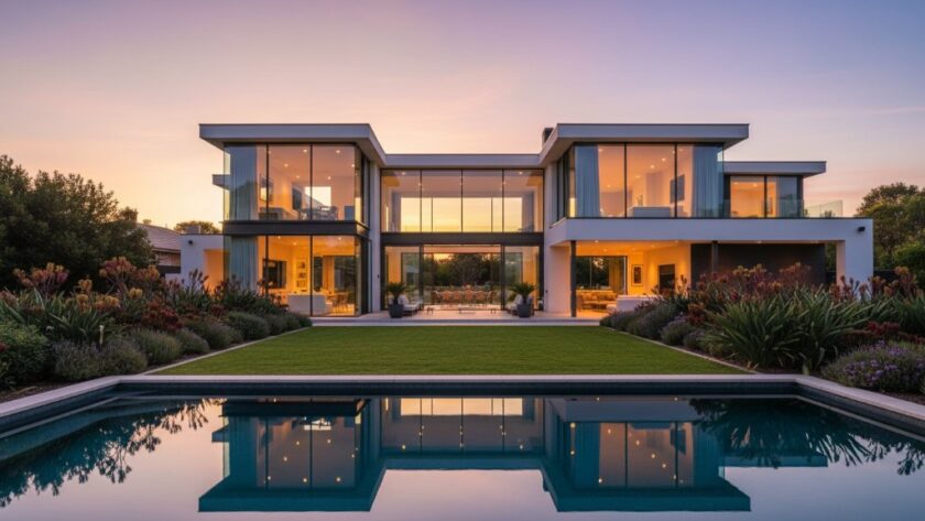 Stunning twilight shot of a modern, architecturally designed home in Wangaratta, with inviting warm interior lights and a perfectly manicured garden, showcasing premier Wangaratta real estate photography boosts property appeal through dramatic composition.