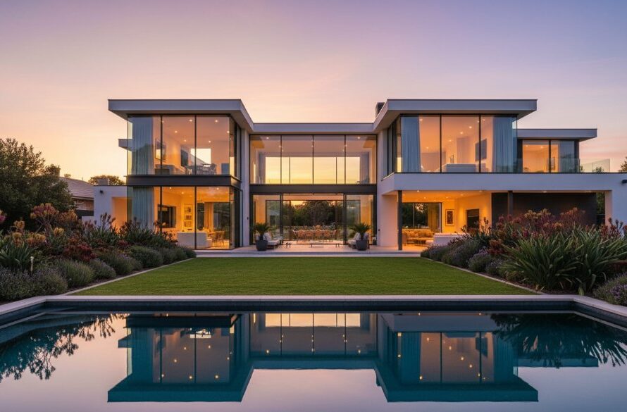 Stunning twilight shot of a modern, architecturally designed home in Wangaratta, with inviting warm interior lights and a perfectly manicured garden, showcasing premier Wangaratta real estate photography boosts property appeal through dramatic composition.