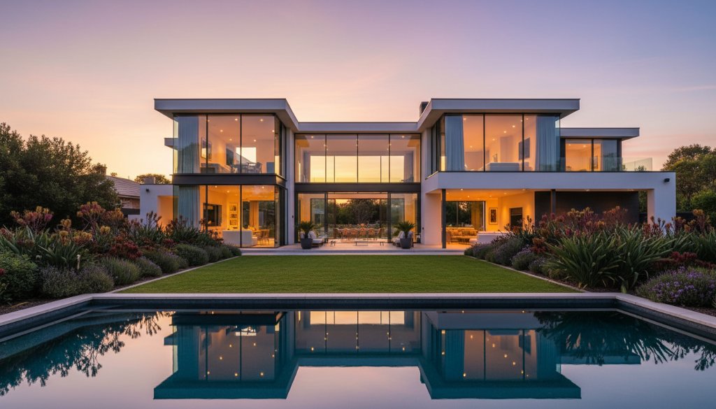 Stunning twilight shot of a modern, architecturally designed home in Wangaratta, with inviting warm interior lights and a perfectly manicured garden, showcasing premier Wangaratta real estate photography boosts property appeal through dramatic composition.