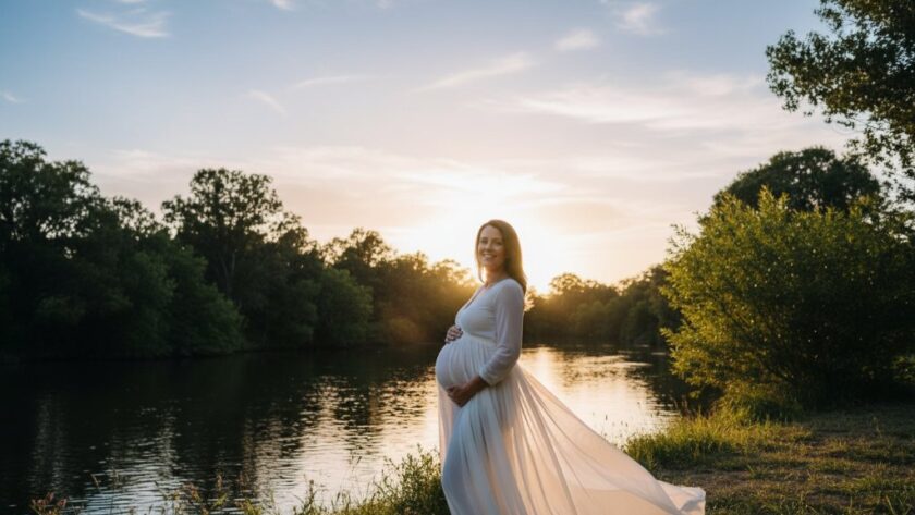 A stunning wide shot of a glowing pregnant woman at sunset by the Ovens River in Wangaratta, capturing ethereal Wangaratta twilight maternity photos with natural light, with dramatic golden hour backlighting and a serene, joyful expression.