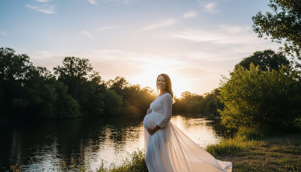 A stunning wide shot of a glowing pregnant woman at sunset by the Ovens River in Wangaratta, capturing ethereal Wangaratta twilight maternity photos with natural light, with dramatic golden hour backlighting and a serene, joyful expression.