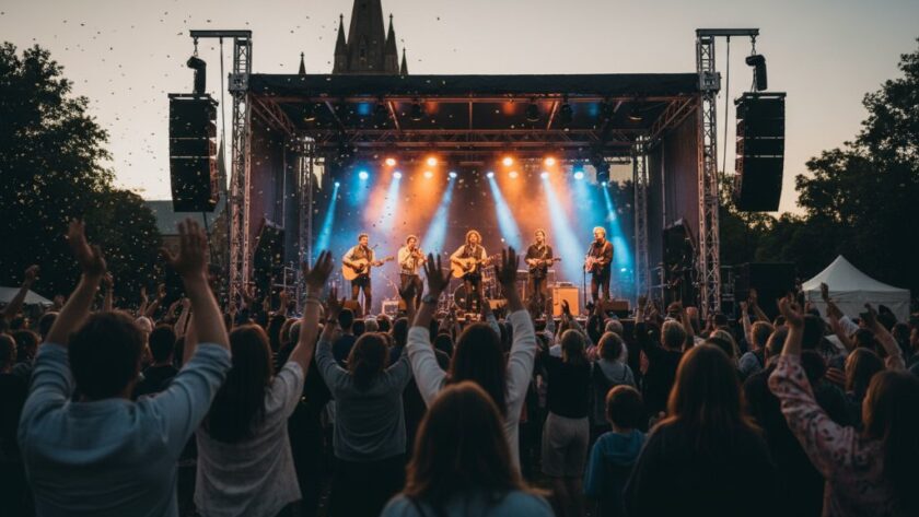 A wide-angle, vibrant photograph of an 'epic moment' at a bustling community festival in Wangaratta, featuring a band performing on stage bathed in colourful spotlights, and a diverse crowd cheering enthusiastically, all expertly captured by Wangaratta Victoria Event Photography Experts with dramatic lighting and professional colour grading.