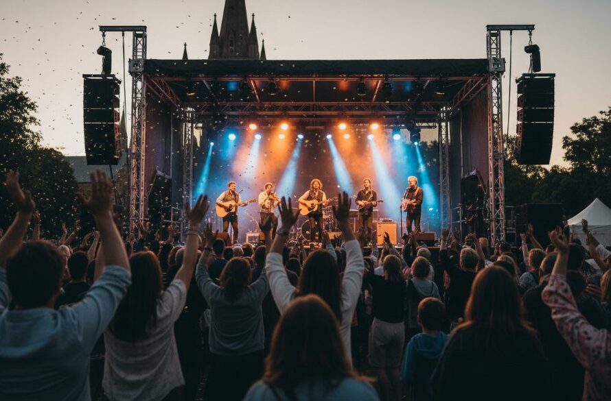 A wide-angle, vibrant photograph of an 'epic moment' at a bustling community festival in Wangaratta, featuring a band performing on stage bathed in colourful spotlights, and a diverse crowd cheering enthusiastically, all expertly captured by Wangaratta Victoria Event Photography Experts with dramatic lighting and professional colour grading.